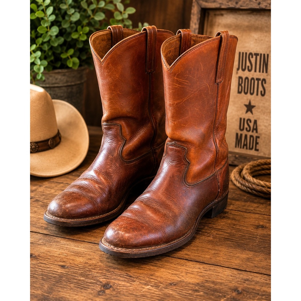 Justin Boots Mens Vintage Brown Leather Roper Cowboy Boots USA Made Round Toe
